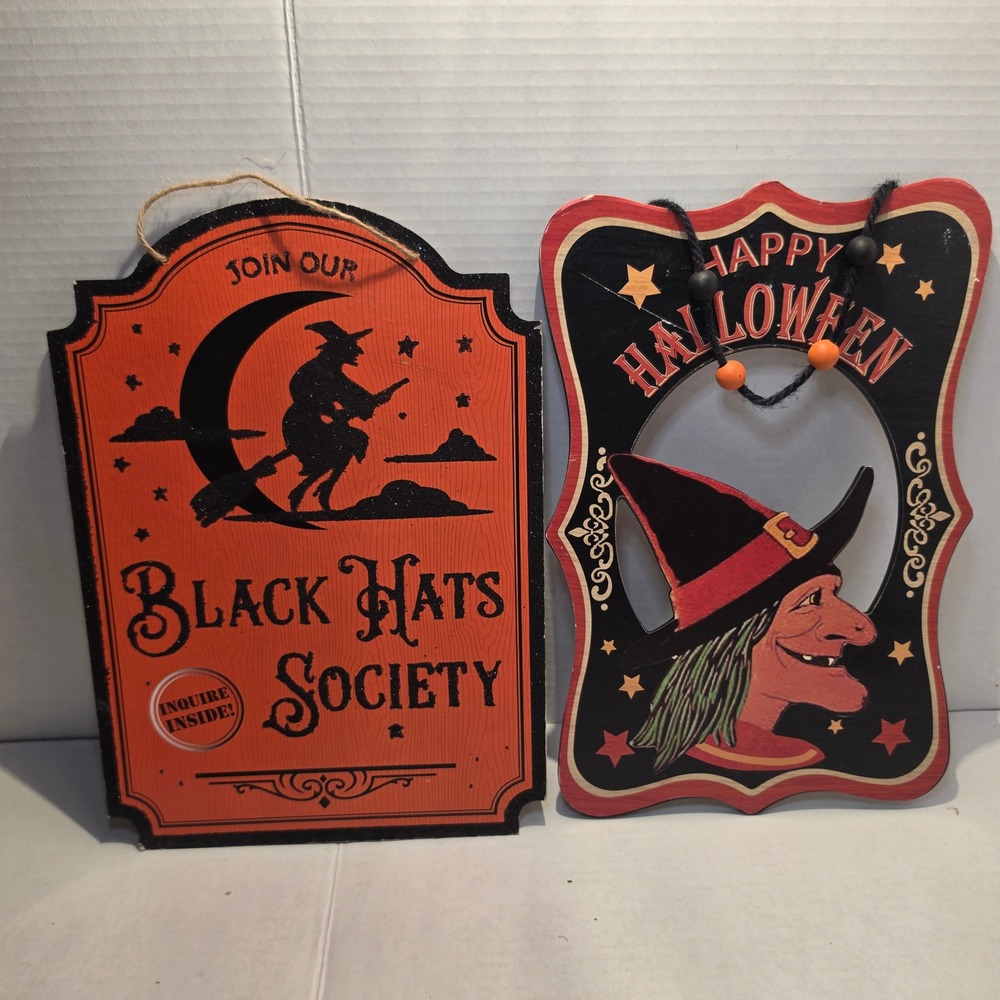 Halloween Witch Wall Decor Set Black Hats Society Happy Halloween Wood Signs
